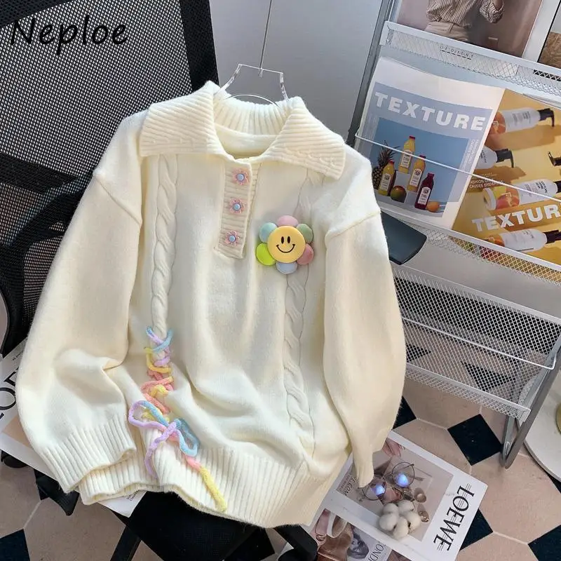 Neploe Sweet Cute 3D Flower Lapel Neck Pullovers Autumn Winter New Knitted Tops Women Y2k Long Sleeve Loose Sweaters Mujer