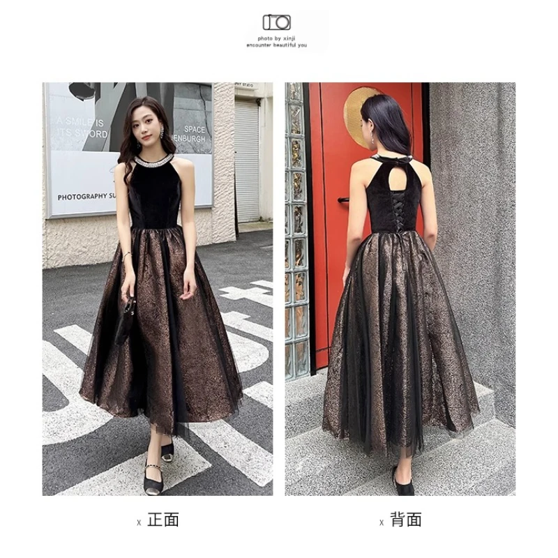 ภาษาฝรั่งเศสคํา Elegant สีดําชุดราตรีเพชรรอบคอกํามะหยี่ Splicing เอวสูง A-Line ชุดยาวผู้หญิง