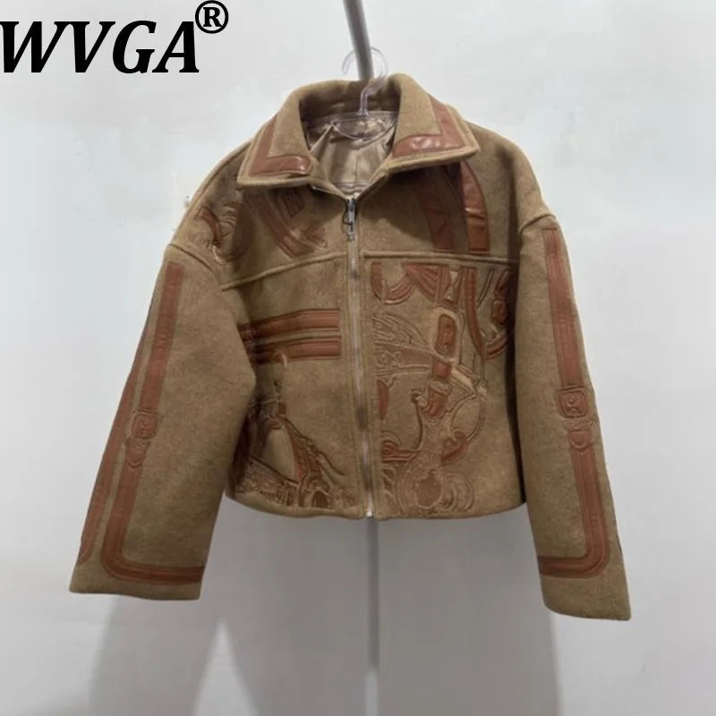 

WVGA Autumn Winter Men Tide Short Woolen Jacket Heavy Embroidery Patchwork Contrast Color Zipper Streetwear Trendy Coat HK12891