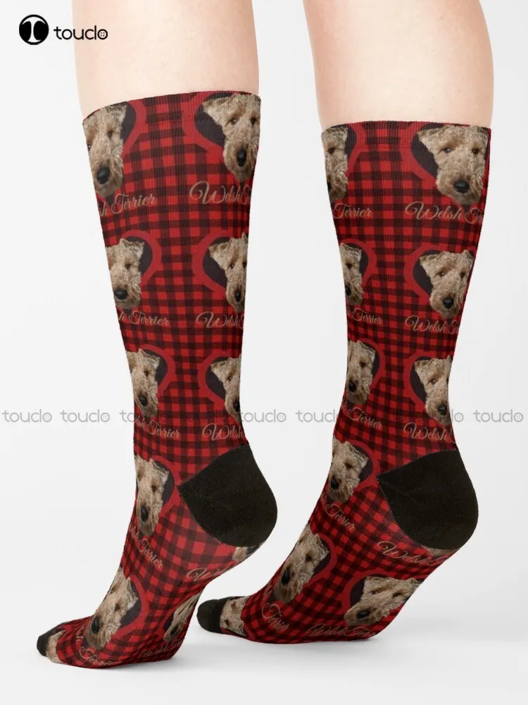 Welsh Terrier In Buffalo Plaid Socks Long Socks For Men Street Skateboard Socks 360° Digital Print Retro Colorful Art 1Pair Gift