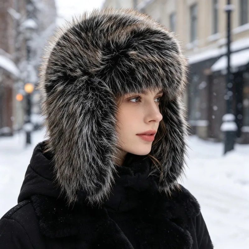 Koreanischer Stil Kunstfuchs-Fell Lei-Feng-Mütze für Männer und Frauen, Winter Verdickte Plüsch-Ohrenklappenmütze, Outdoor-Radfahren Warme Bombermütze – Detail 3