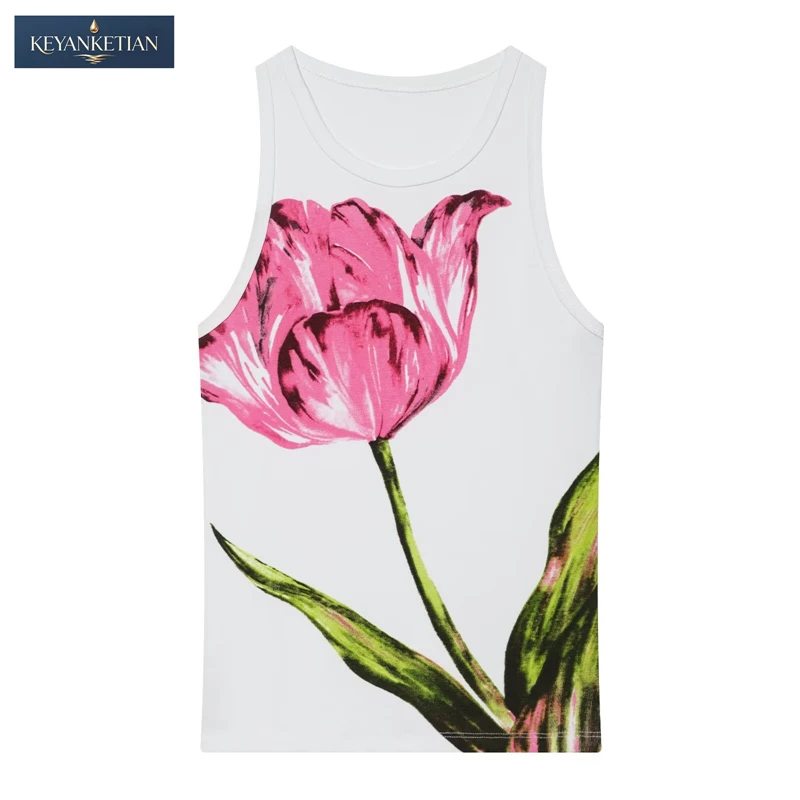 KEYANKETIAN 2026 Cottagecore Casual Watercolor Tulip Crop Tank Slim Fit Crew Neck & Large Pink Floral Front Print Sleeveless Top
