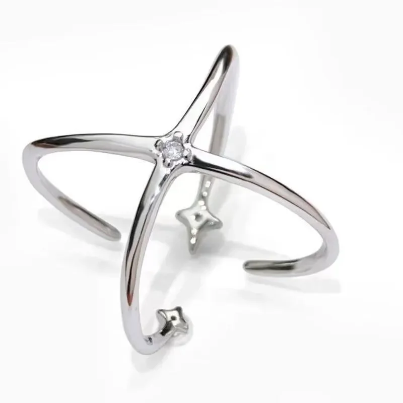 Four Pointed Star Ring for Women Simple Cold Style Diamond Set Zircon Index Finger Ring Fashionable Versatile Dual Purpose
