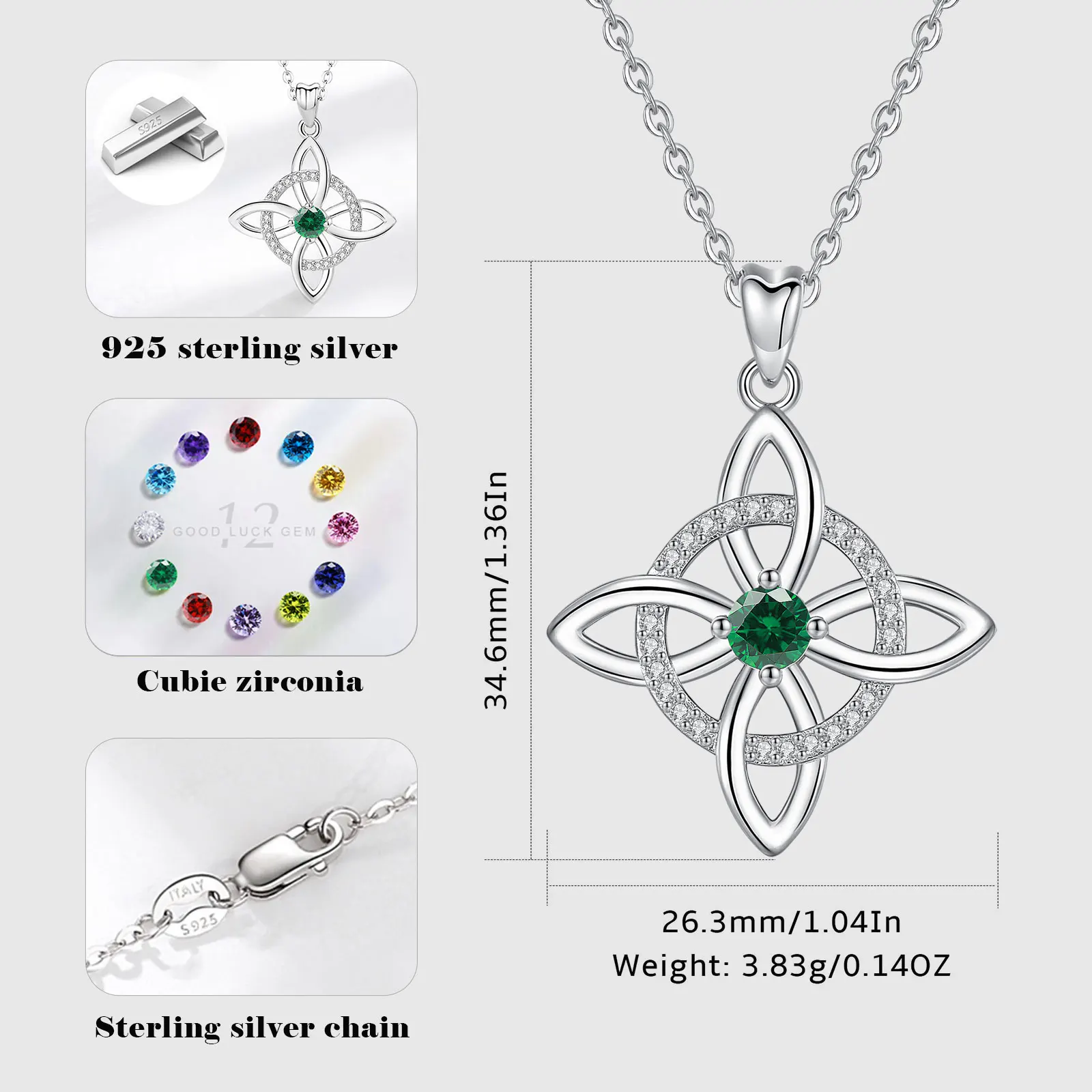 AEONSLOVE 925 Sterling Silver Birthstone Witches Knot Necklace Cubic Zirconia Celtic Knot Pendant Amulet Wicca Jewelry for Women