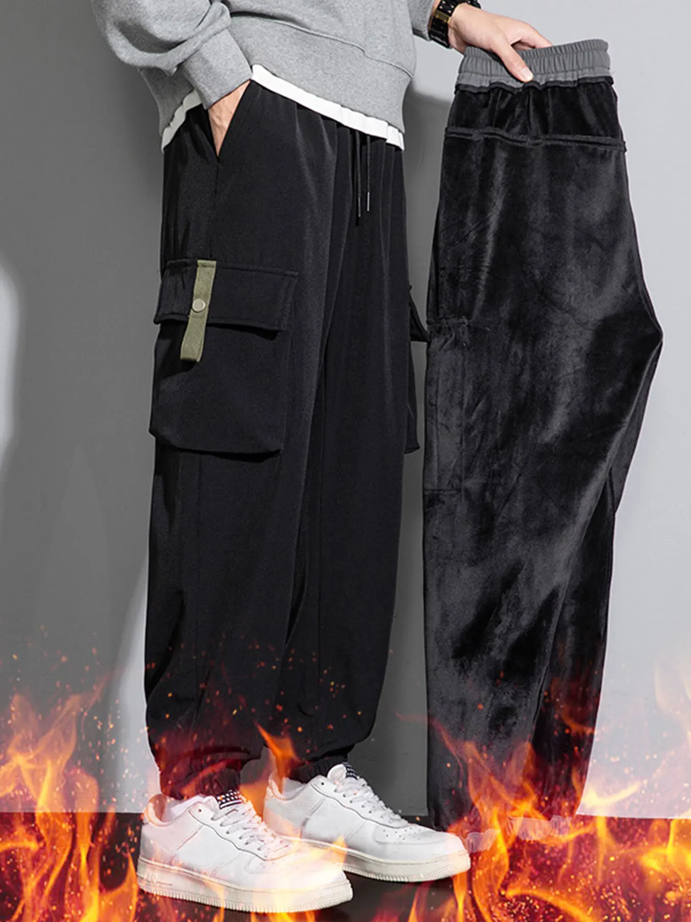 

Winter Men's Fleece-Lined Thickened Casual Pants Youth Outdoor Sports Windproof Warm Jogger Pants Multi-Pocket Cargo Pants