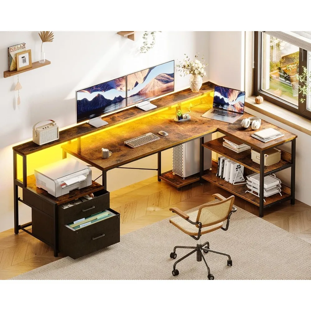 

L-shaped office desk with file drawers, 75 reversible L-shaped computer desks with power sockets and LED light strips