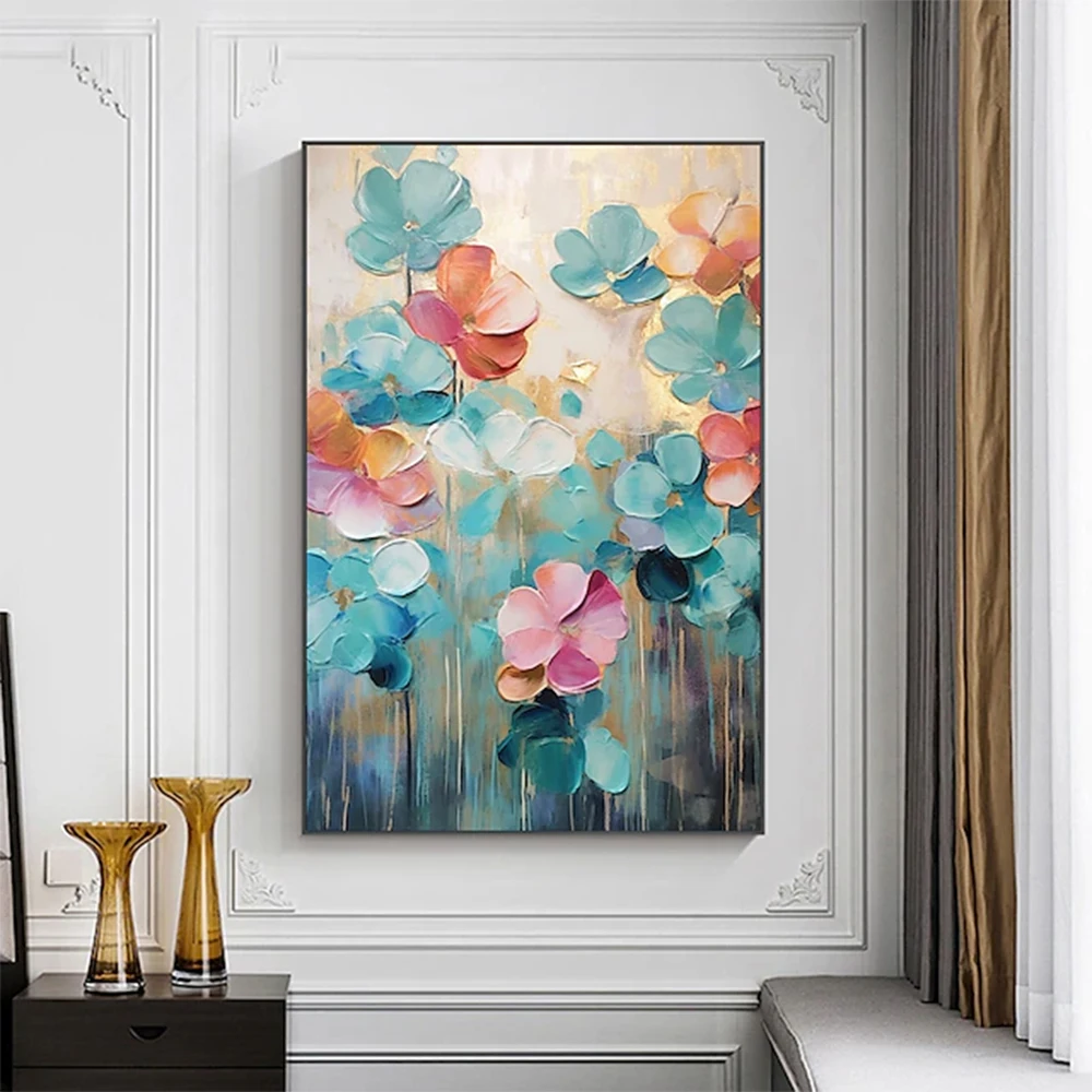 Handmade Oil Painting Horizontal Panoramic Abstract Floral / Botanical Modern Realism Living Room Luxurious Decorative Painting