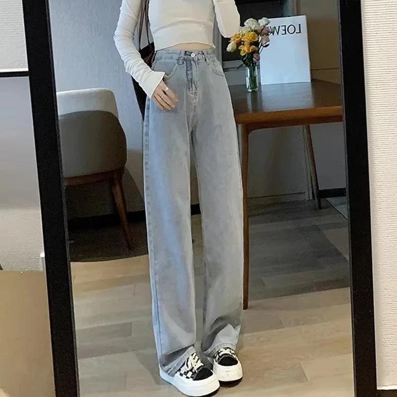 

Woman Vintage Wide Leg Jeans Girls High Waist Pants Female Fashion Black Black Grey Retro Blue Light Blue Denim Trousers