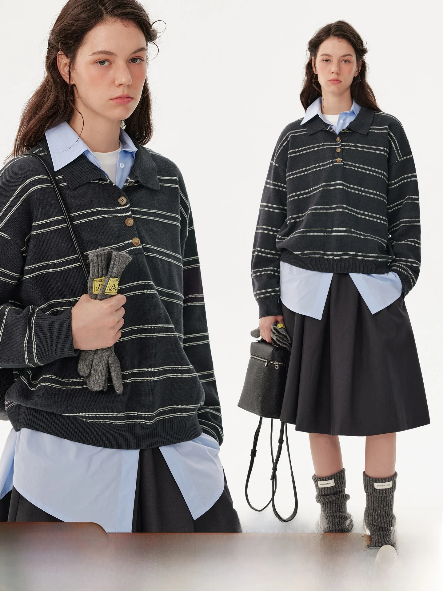 

plus Knowl Minded Advanced Feeling Collar Loose Striped Knitted T irt for lectuals Spring Autumn