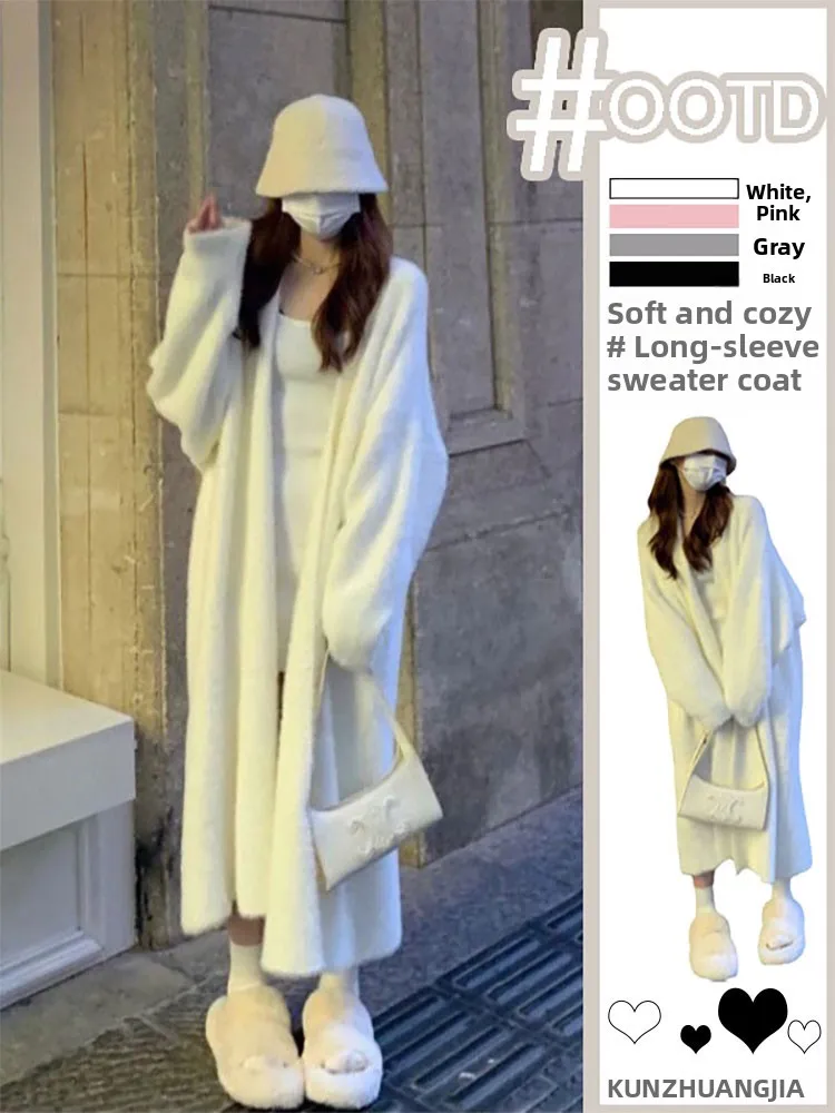

Soft Knitted Cardigan Sweater Women's Spring New Loose plus Size Slimming Lazy Sle Long Coat Fake Fur Long Outerwear