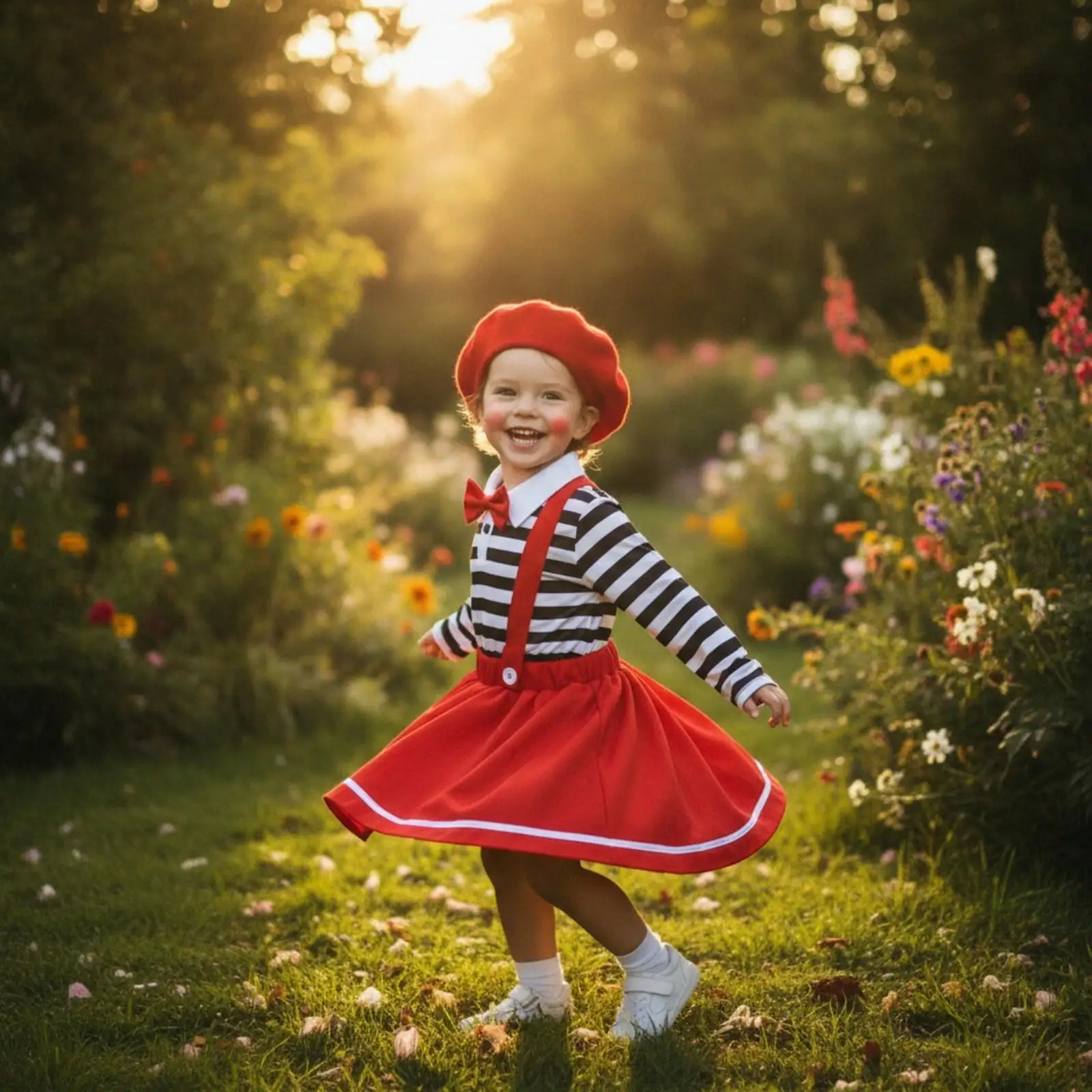 Kids Black White Stripe Top with Red Skirt and Bow Tie Halloween Fancy Dress Costume Set