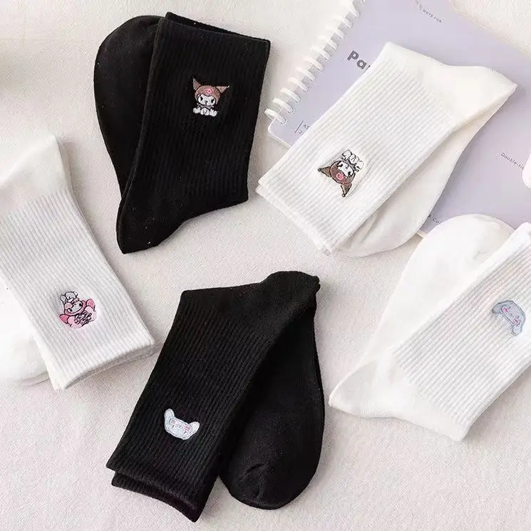 Sanrio Anime Kuromi Cotton Socks Kawaii Cinnamoroll My Melody Cartoon Embroidery Cute Student Tube Socks Solid Color Warm Socks