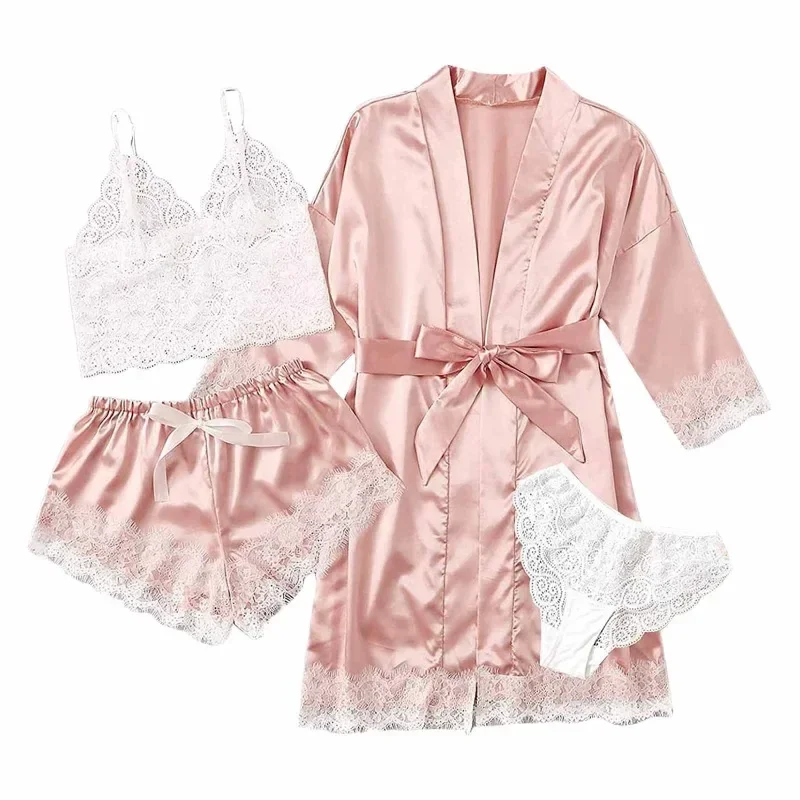 Black Sexy Women\'s Pajamas Satin 4-piece Lace Silk Suspender Tops Shorts Robe Pajamas Set Nightgown Underwear Nightdress Suit