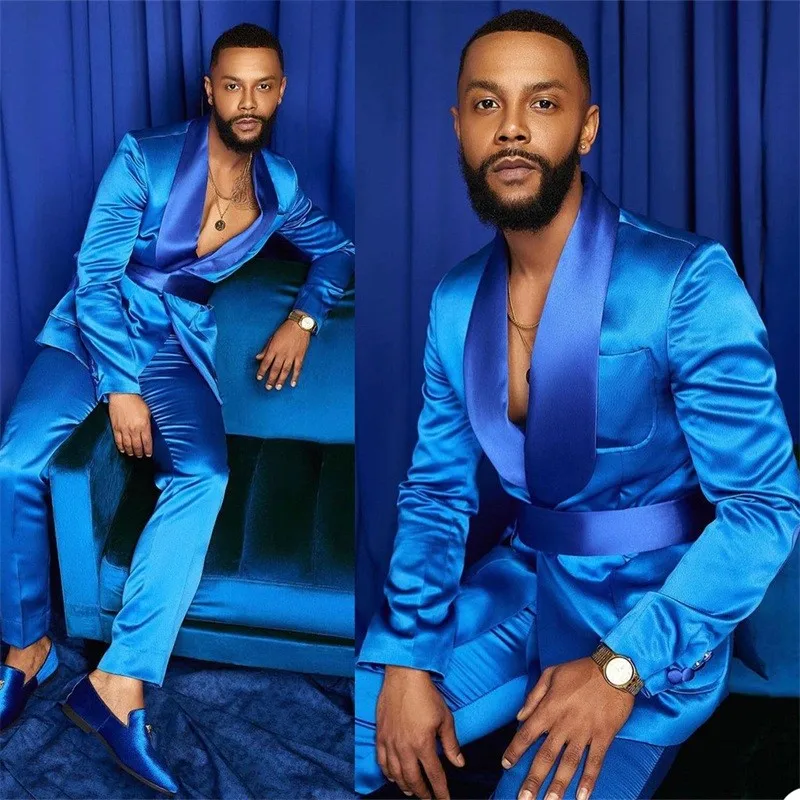 

2023 Fashion Italian Silver Men Suits Satin Slim Fit Royal Blue Shiny Groom Prom Wedding Dress Tuxedo Tailored Blazer Pants Set