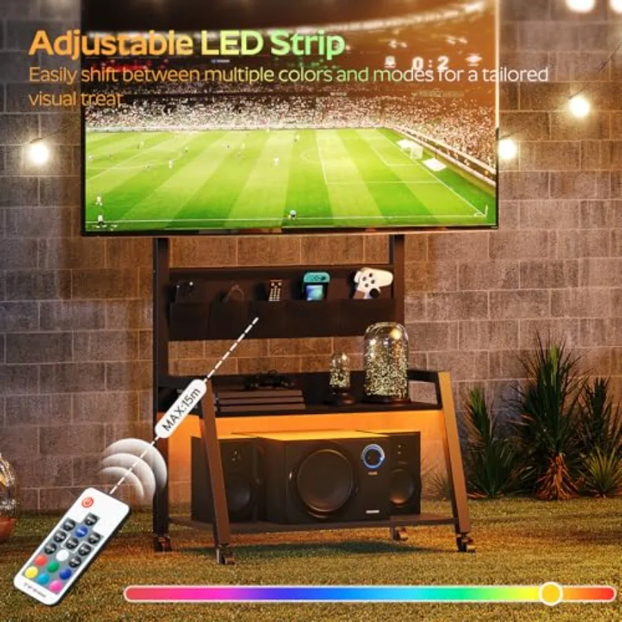 حامل تلفزيون دوار مع مخرج طاقة وإضاءة LED لعربة تلفزيون متنقلة ما يصل إلى 55 تلفزيونًا مع حامل قابل للتعديل و5 أكياس من قماش الثور