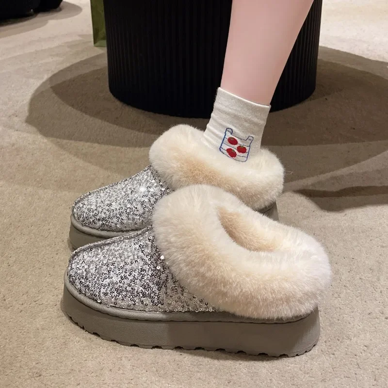 Winter Faux Fur Winter Boots Glitter Women Non Slip Plush Snow Boots Woman Thick Bottom Warm Cotton Shoes Platform Botas Mujer