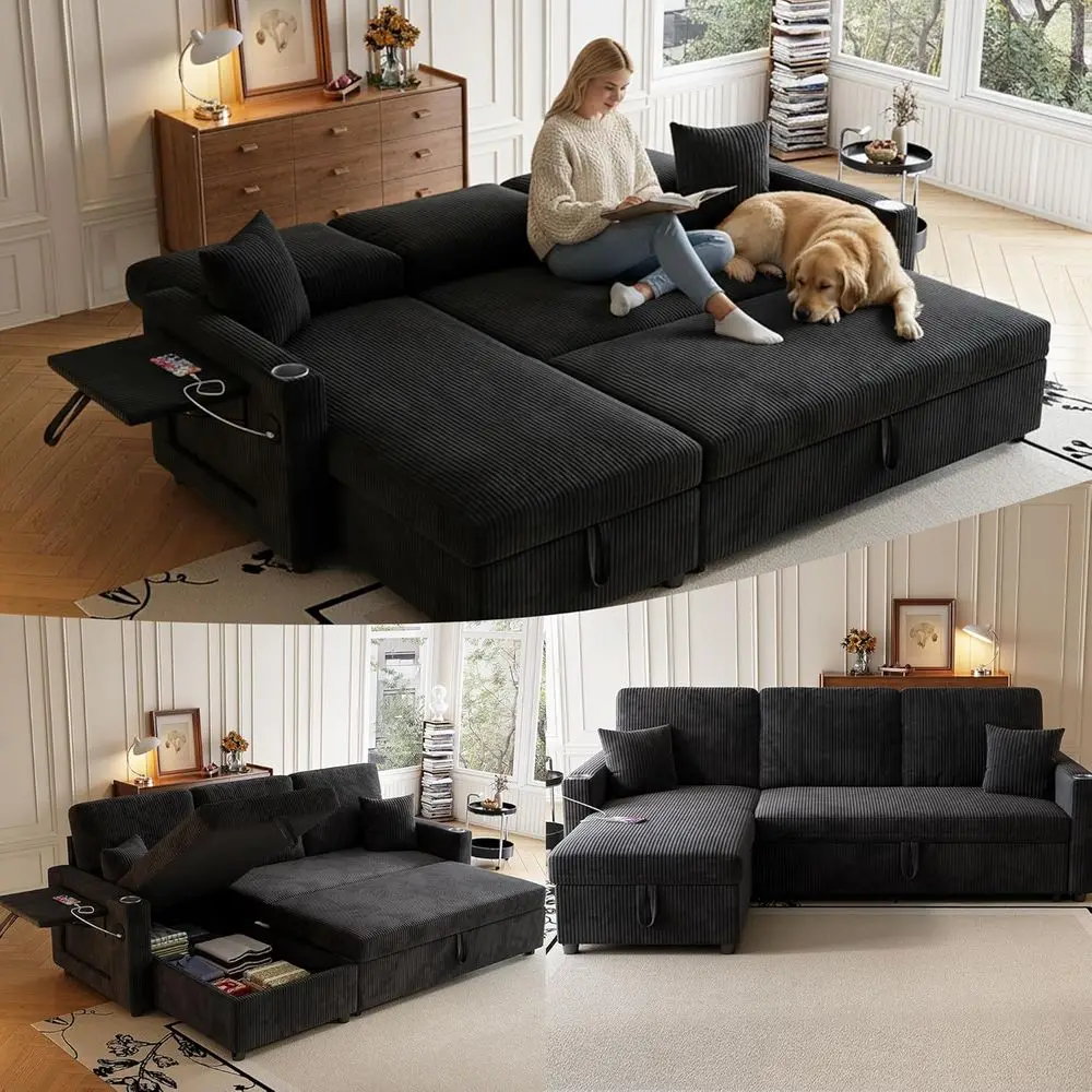 

83 L-Shaped Sectional Sofa with Convertible Bed, Reversible Chaise, Cup Holders, USB Ports, Corduroy Fabric, Sleek Living Room D
