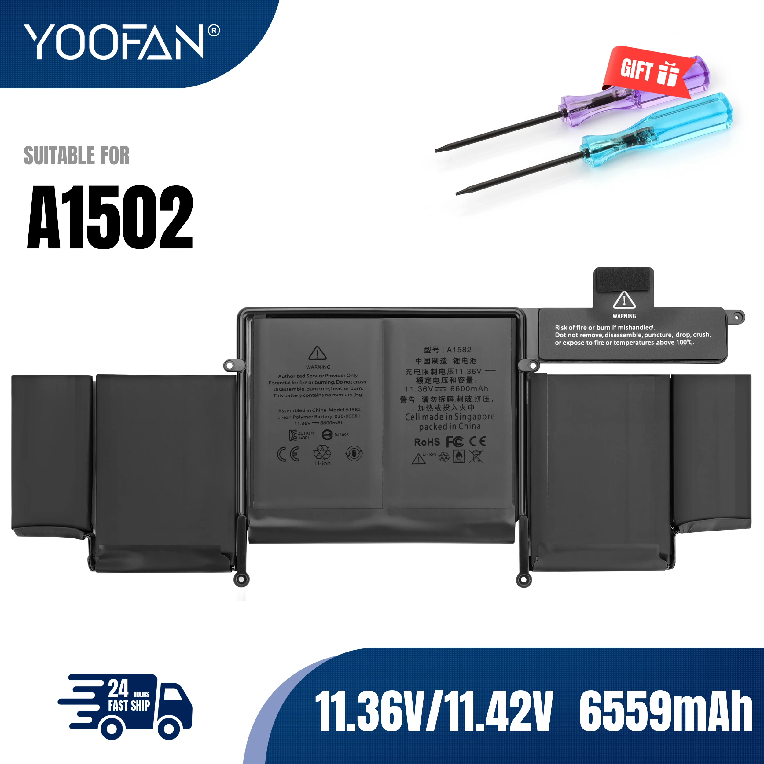 YOOFAN New A1582 Laptop Battery 11.42V 6559mAh For Apple MacBook Pro 13