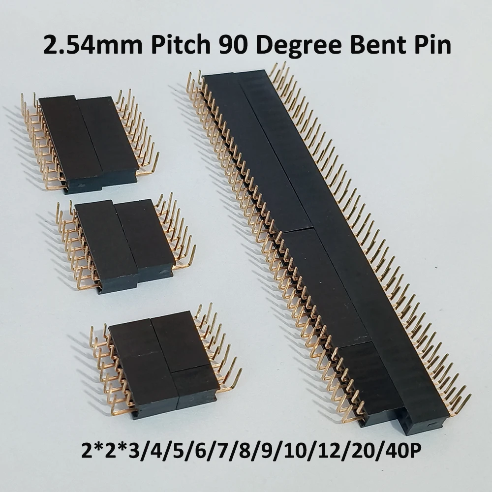 10Pcs 2*2 /3/4/5/6/7/8/9/10/12/20/40P PCB Connector 2.54mm Pitch 90 Degree Bent Pin Double Row Female Header Socket