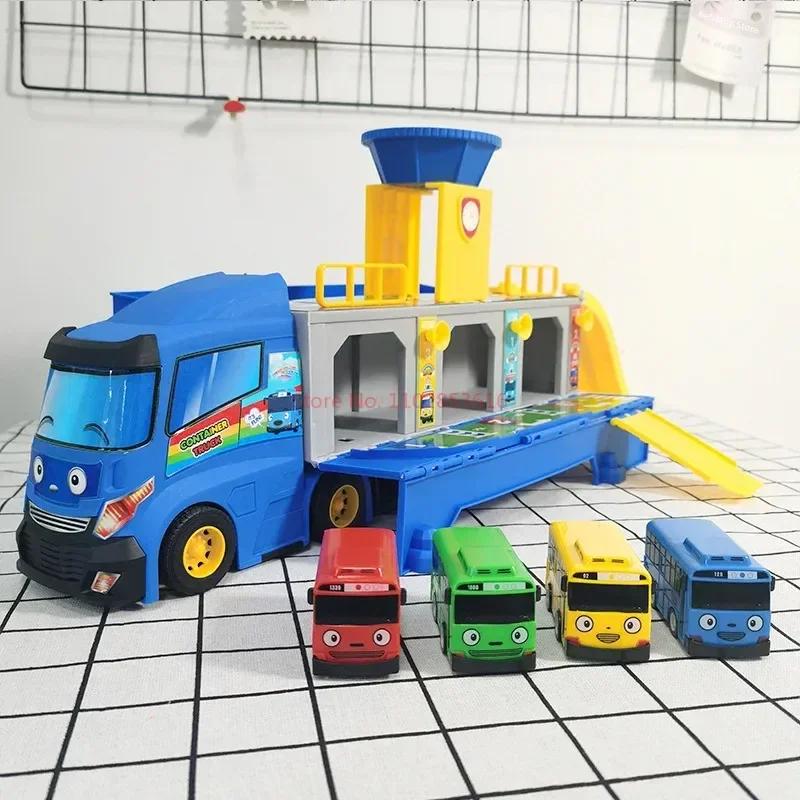 Cartoon Tayos Il piccolo autobus Contenitore per camion Scatola di immagazzinaggio Parcheggio con 3 tirare indietro Mini auto Giocattoli Ragazzo Regali di compleanno per bambini