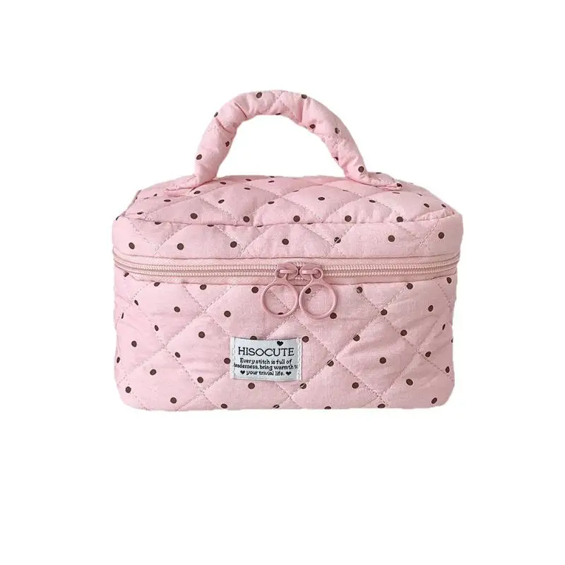 Niedliche, gesteppte Kosmetiktasche mit Polka-Dot-Muster, großes Fassungsvermögen, weicher Griff, ideal für Reisen und die tägliche Aufbewahrung von Hautpflegeprodukten. – Detail 7