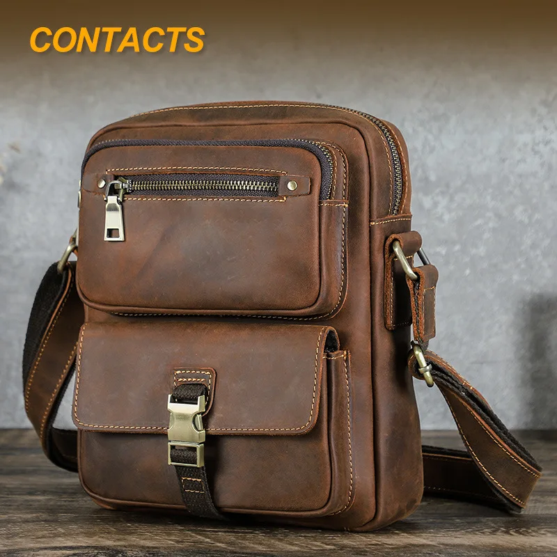 Men's Retro Crazy Horse Leather Multi-Link Crossbody Bag Single Shoulder Genuine Leather Bag for 7.9-inch IPAD