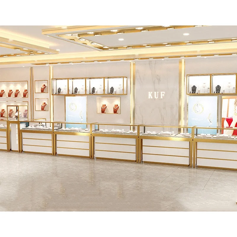 Luxo Gold Glass Cabinet para joalheria, Custom Store Fixture, Interior Design Showcase