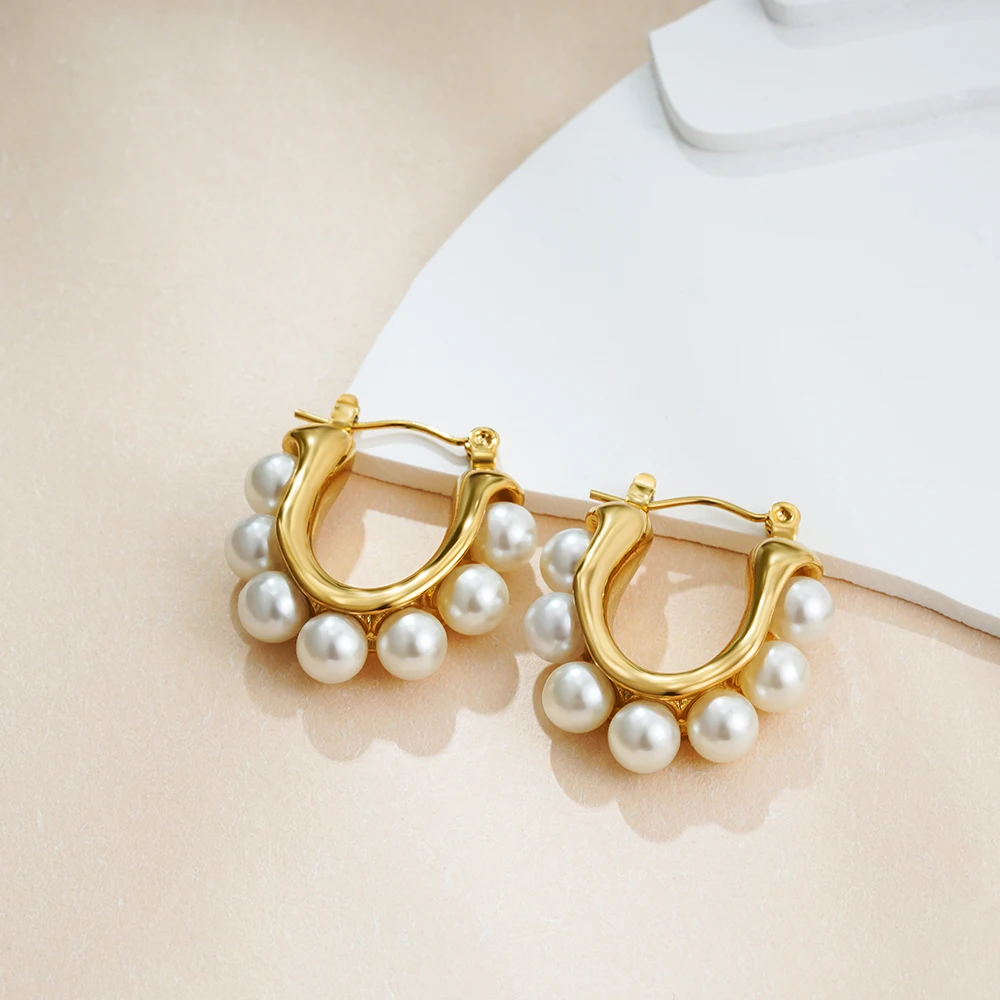 Vintage Stainless Steel Pearl Double Round Earrings for Women Fashion Golden Color Chunky Hoop Earring Statement Jewelry Gifts