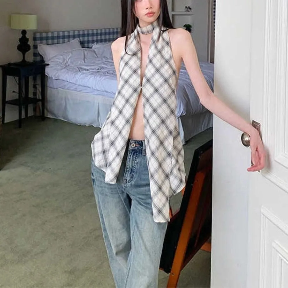 Camisola sin mangas con cuello Halter de rejilla de estilo coreano, Tops cortos ajustados con abertura Irregular, chaleco con tirantes para chica picante y dulce para playa