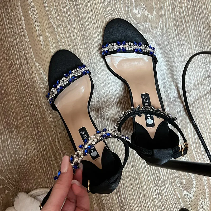 Women Fetish 9cm High Heels Crystal Designer Sandals Lady Silk Wedding Bridal Heels Glitter Rhinestone Flower Satin Strap Shoes