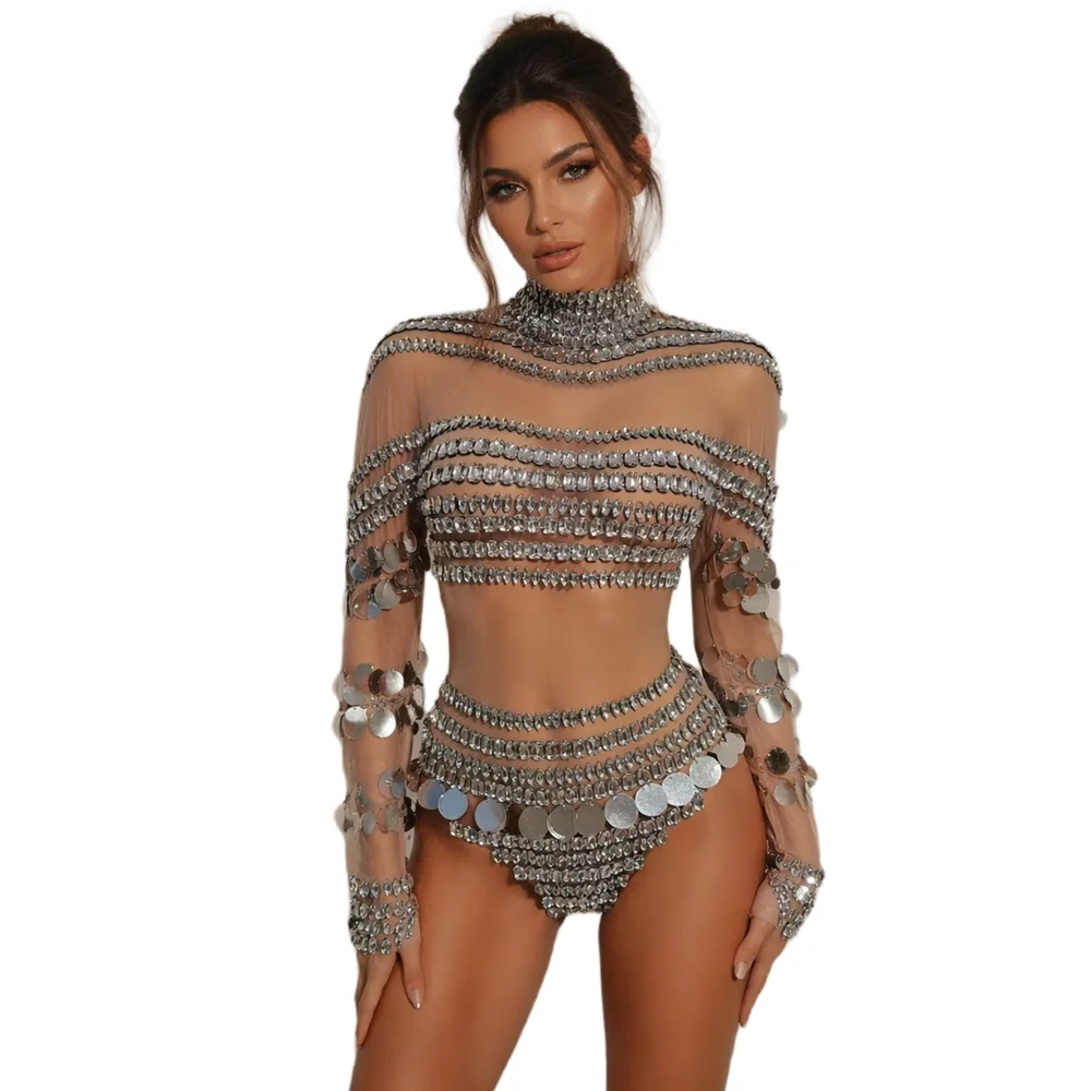 silver sequin crystal night club bodysuits women party banquet bodycon one piece jumpsuits show dancer leotard festival outfit