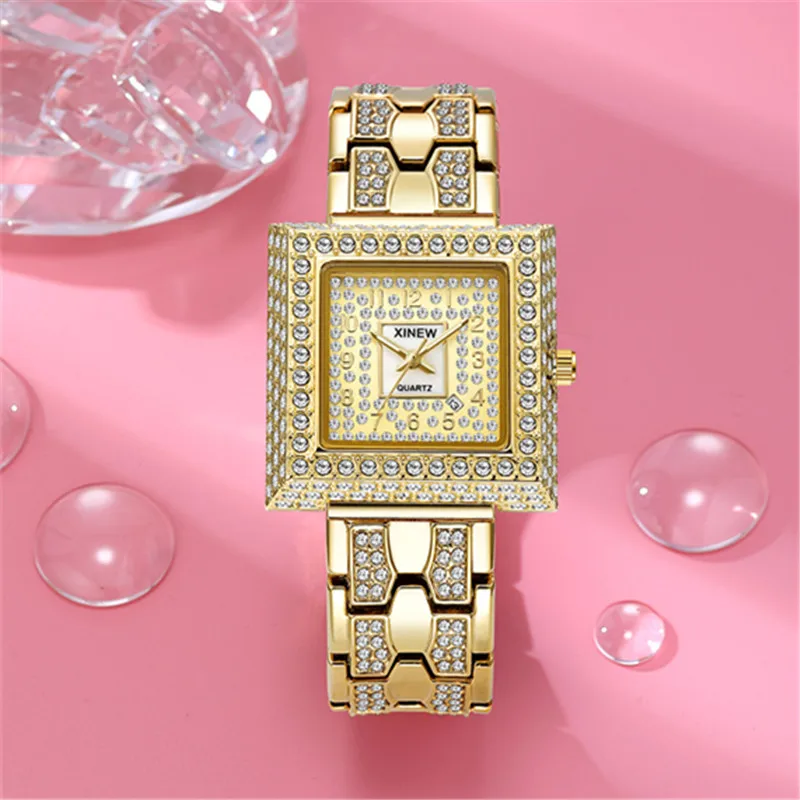 XINEW Brand Watches For Women Fashion Alloy Band Hip Hop Diamond Golden Luxury Calendar Quartz Clock Montres de Marque de Luxe