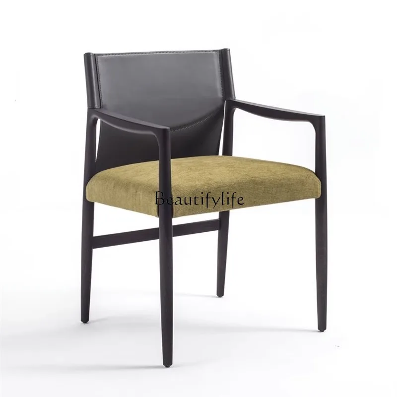 

Modern Simple Dining Chair Wabi Saddle Leather Nordic Solid Wood Designer Restaurant Armchair