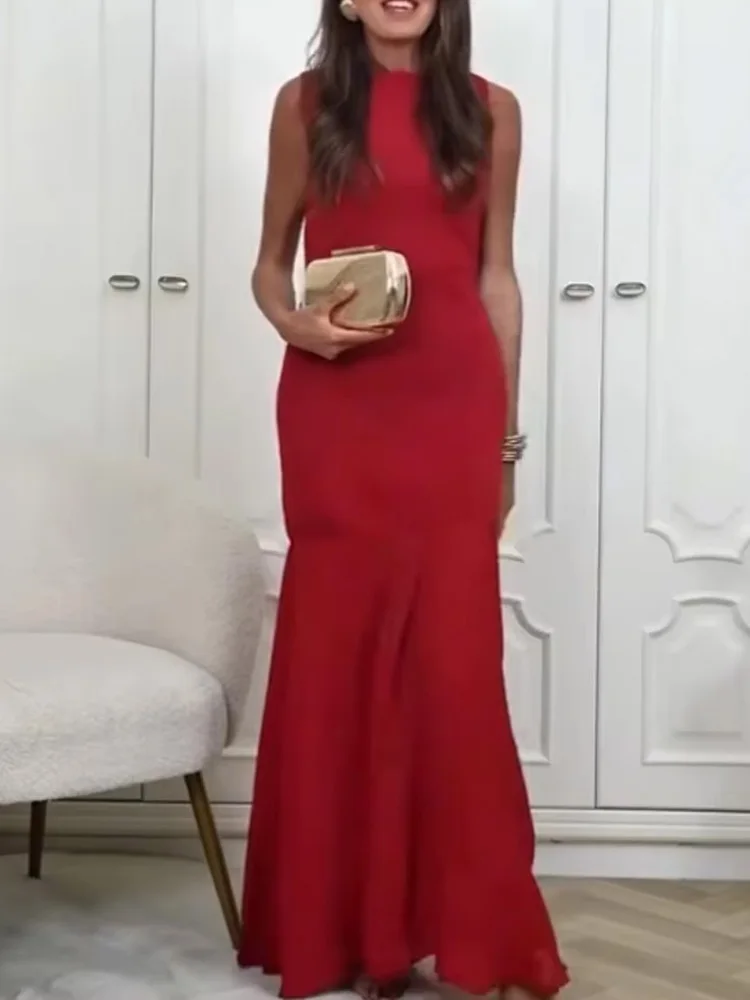 HH femme nouvelle mode mince solide longues robes col rond sans manches épissage robes femme élégante robe tricotée 2 couleurs