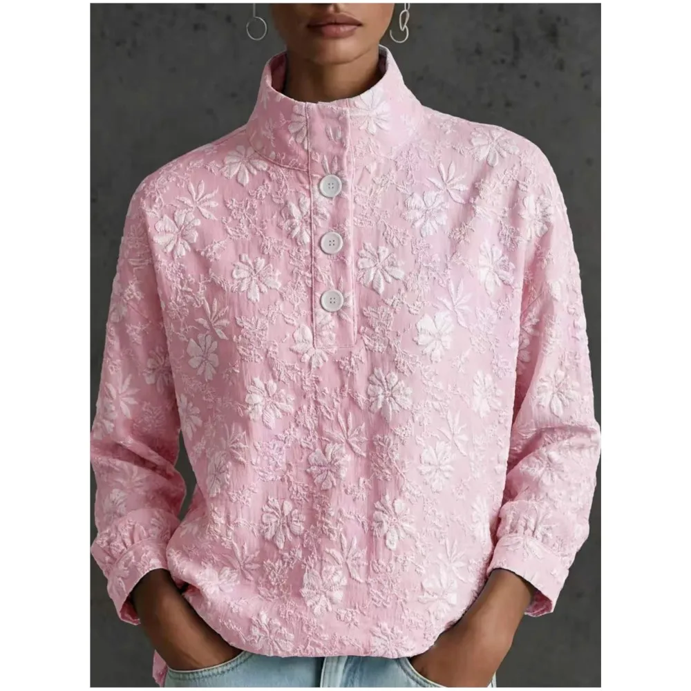 Autumn New Fashion Half Turtle Collar Floral Women Long Sleeve Sweatshirt Casual Button Stand Collar Female Versatile Office Top