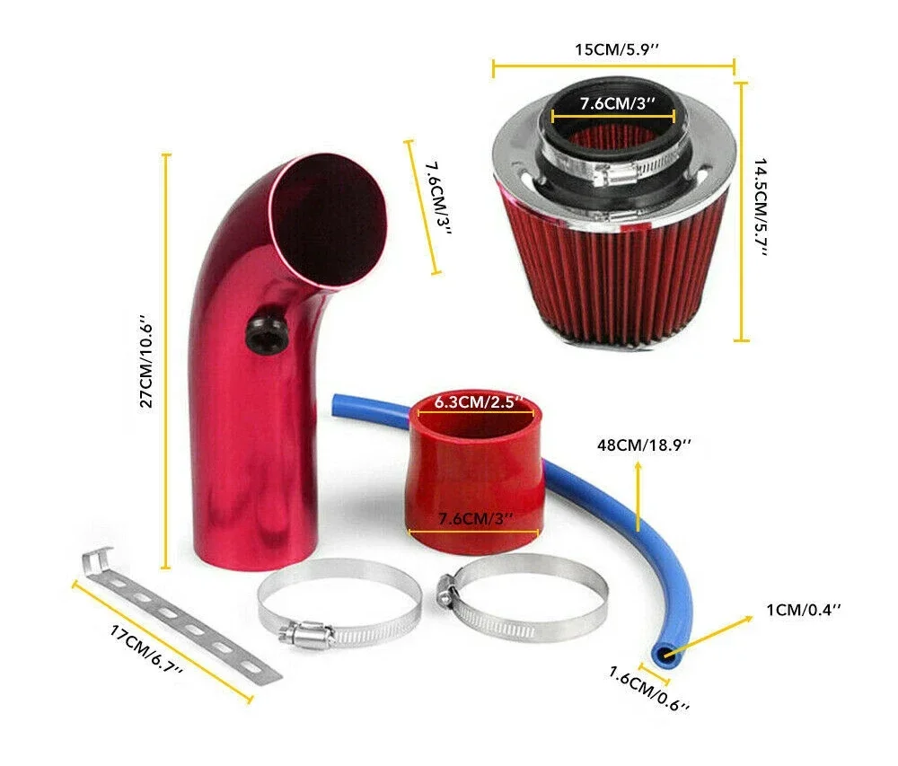 Racing 76mm Aluminum Cold Air Intake Induction Pipe Kit Universal Turbo Tube With Cone Air Filter