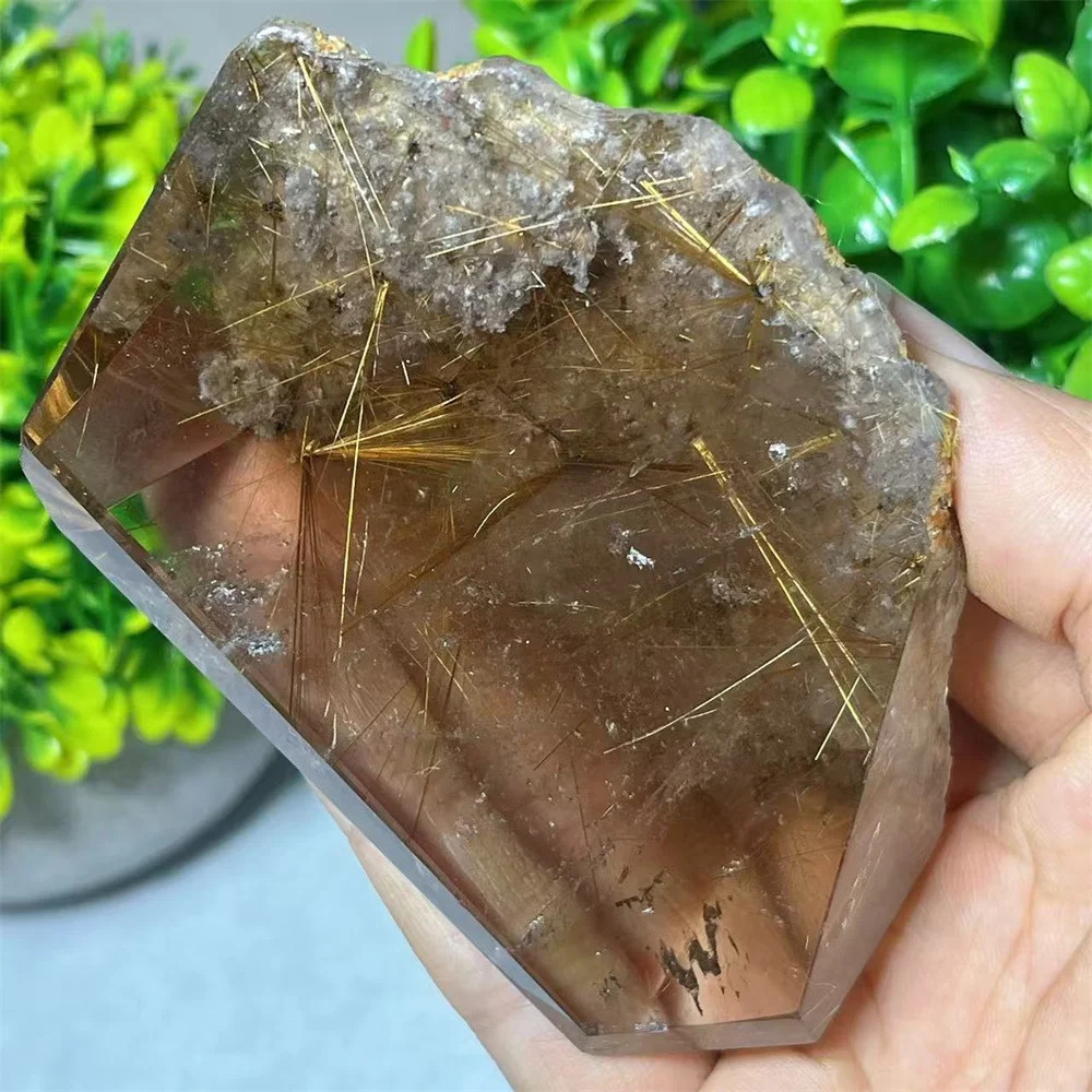 Gold Hair Free Form Smokey Clear Quartz Crystal Natural Mineral Gift Home Decoration Carving Meditation Natural Energy Gemstone