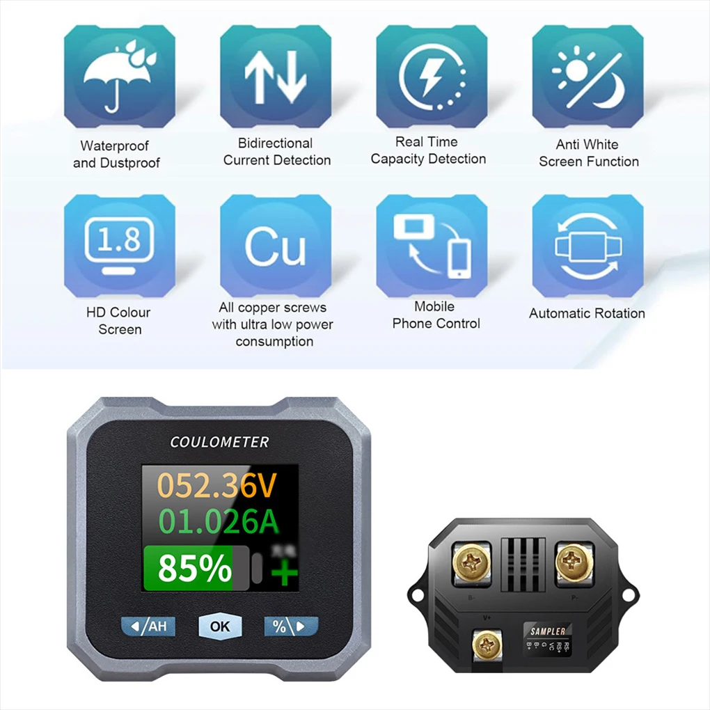 Smart Battery Monitor with Shunt 1.8in LCD Display Bluetooth-compatible Voltmeter Ammeter Voltage Current Meter for 10-100V 50A