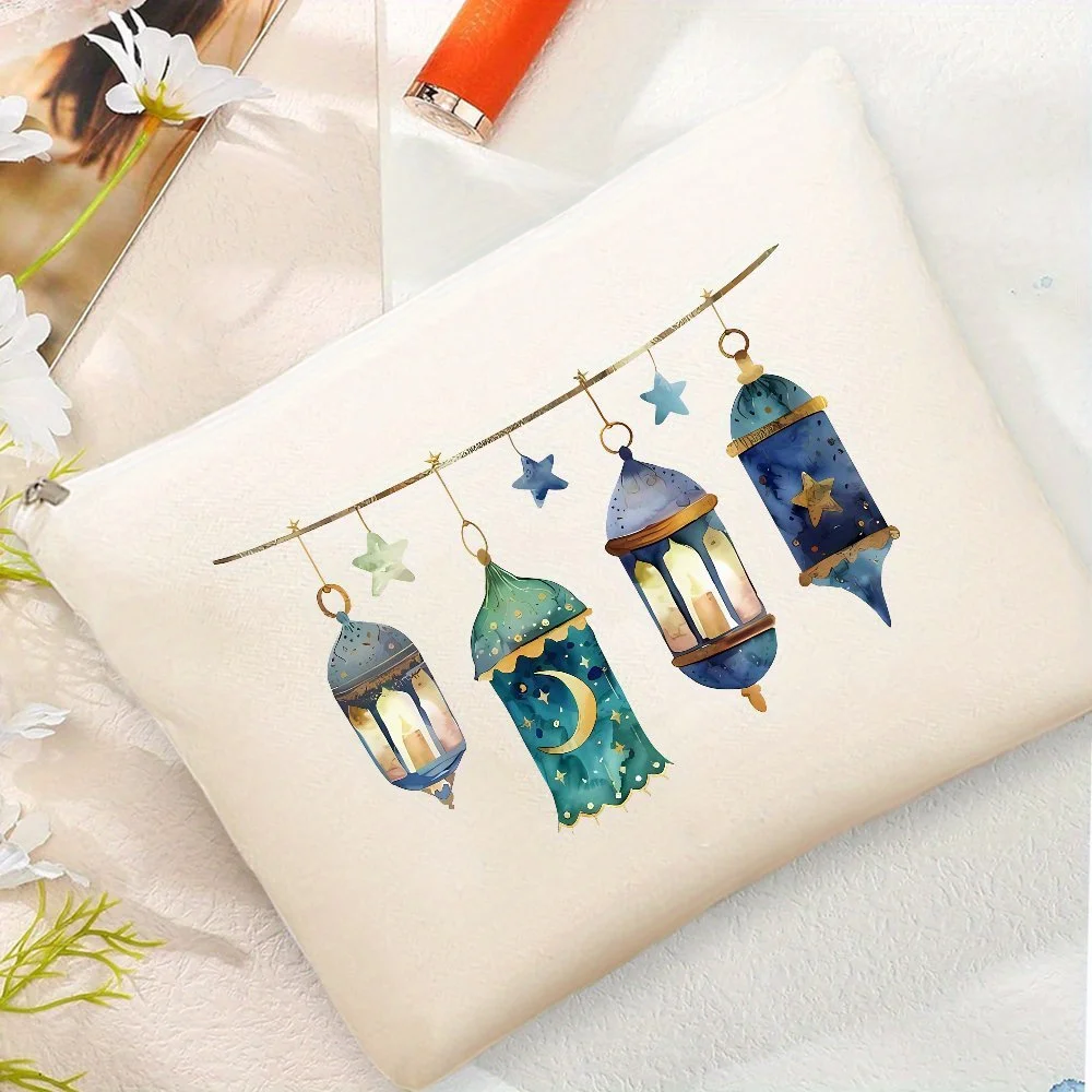 Aesthetic Eid Mubarak Makeup Bag Ramadan Gift Lantern Printed Travel Toiletry Bag for Women Stylish and Convenient Cosmetic Bag