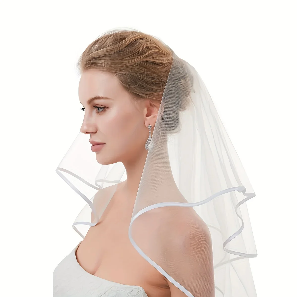 ?White Bridal Veil Wedding.  Double layer Ribbon. Super wedding Collar. Two Tier Satin Edge Veil – Satin Ribbon Trim Bridal Wedding  main image 2