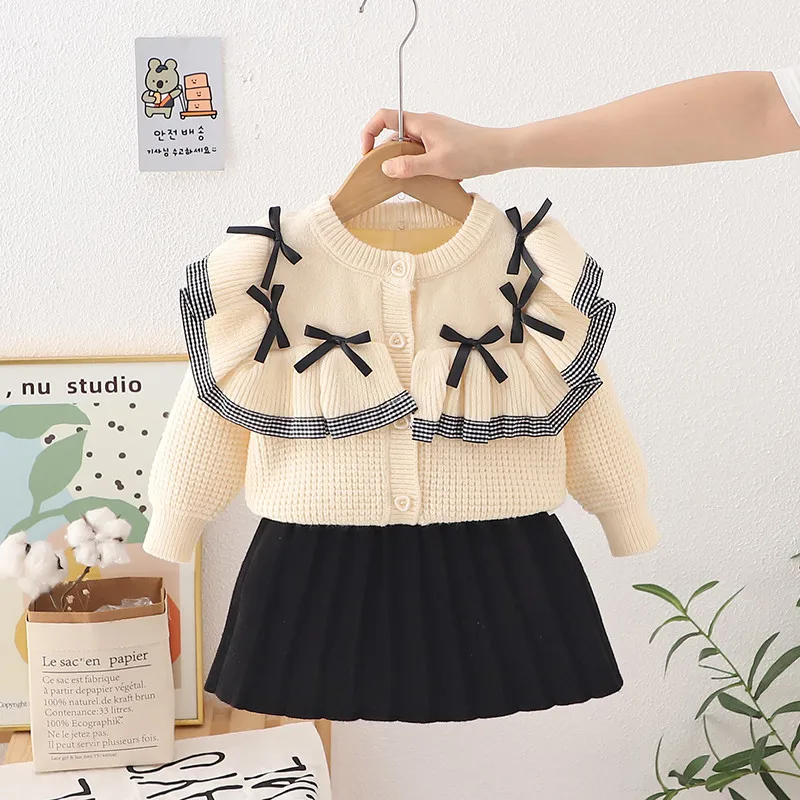 

Children's Sweater Set Autumn/Winter New Baby Girl Long Sleeve Knitted Cardigan+Half Skirt Two Piece Set