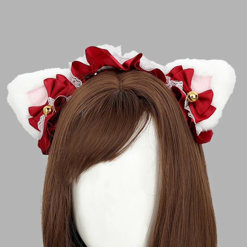 Lolita Kawaii Maid Hairband Women Girls Ruffles Lace Hair Band Cat Ears Ribbon Bell Headband Cosplay Party Hair Accessories