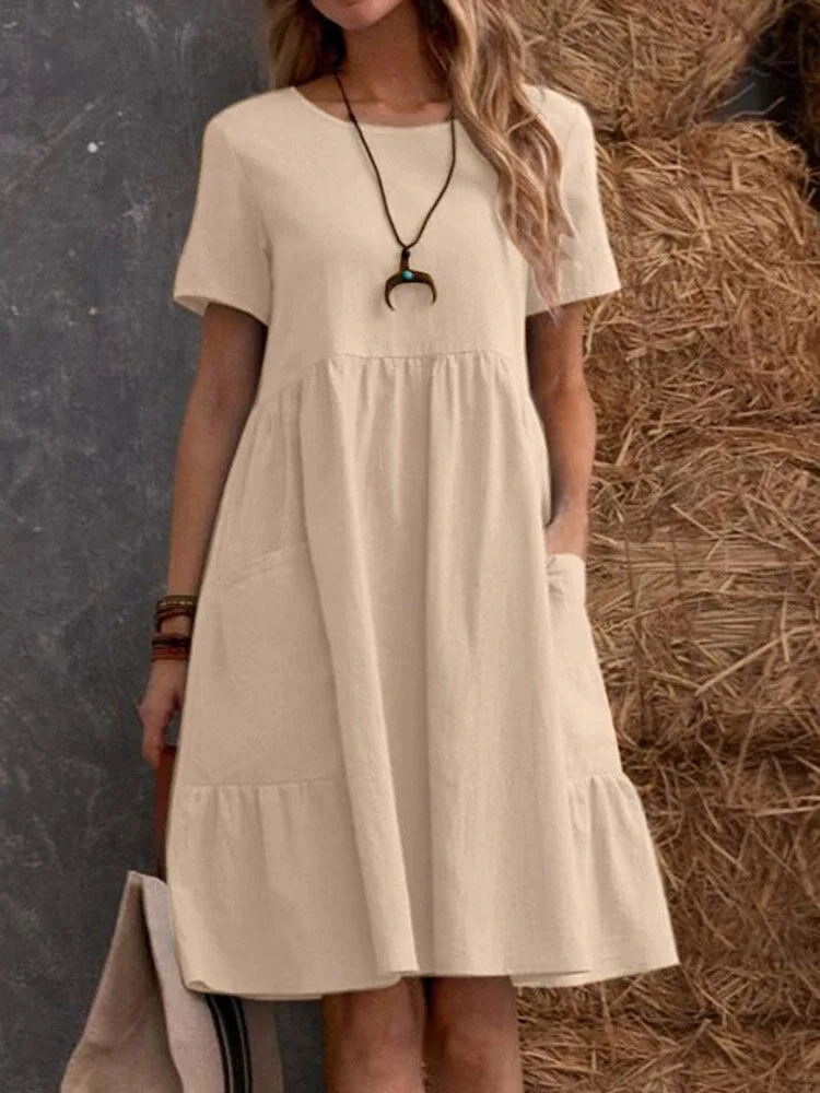 Vestido de linho de cor sólida na moda feminino manga curta o pescoço em camadas plissado midi vestido casual boheo para passeios diários e na praia