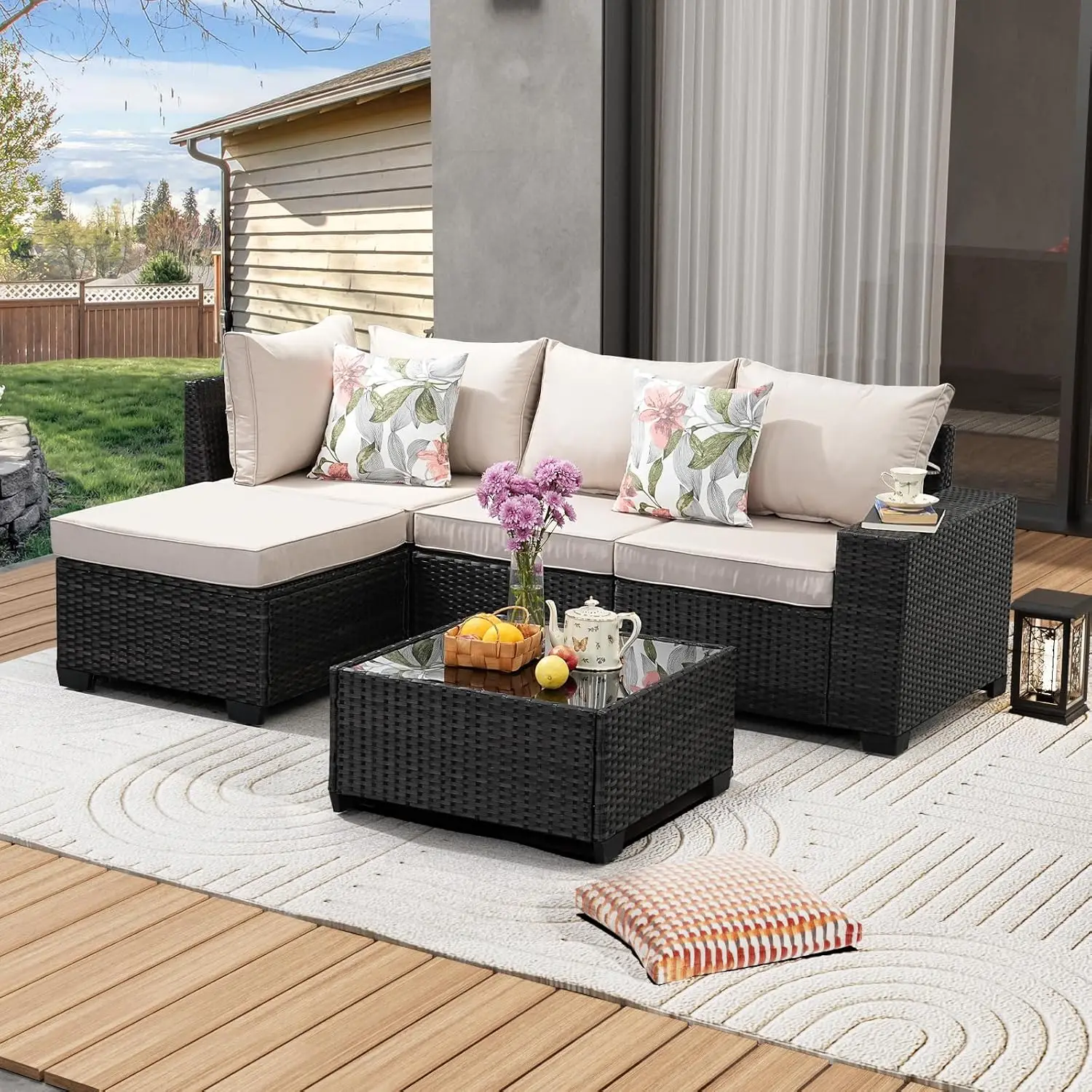 5-Piece All-Weather Wicker Patio Sectional Sofa Set with Cushions, Glass Table & Ottoman for Porch, Beige, Customized