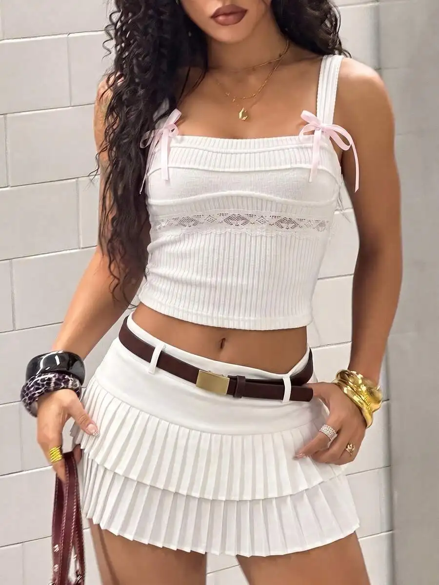 

Women White Ribbed Bow Cami Top And Pleated Mini Skirt Set Summer Y2K Co-Ord