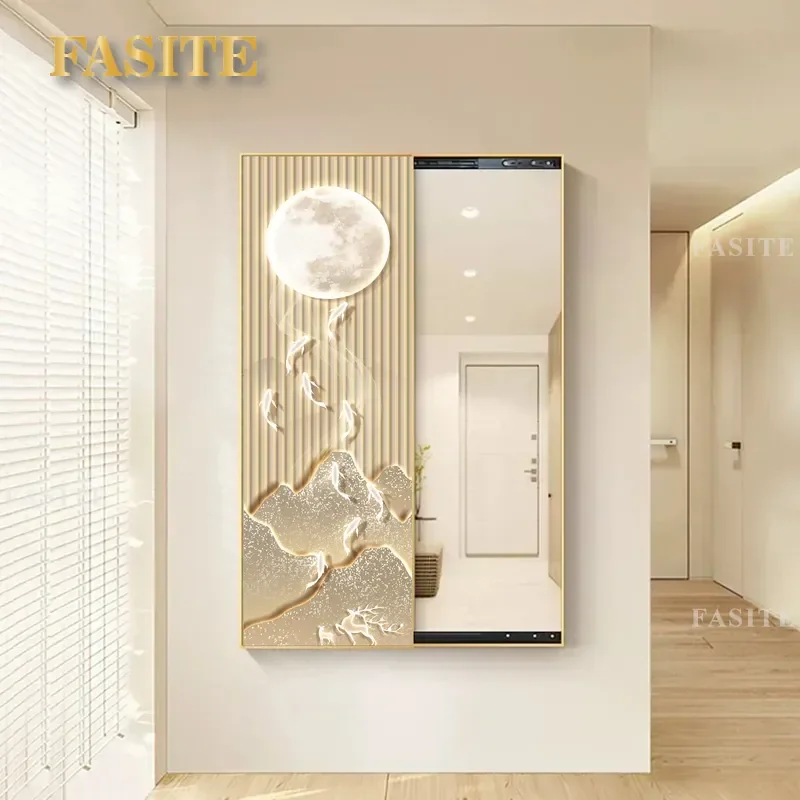 For Hidden Full Body Mirror Decorative Painting Cream Wind Nine Fish Push Pull Entrance Wall Mural Space Saving Home Decor