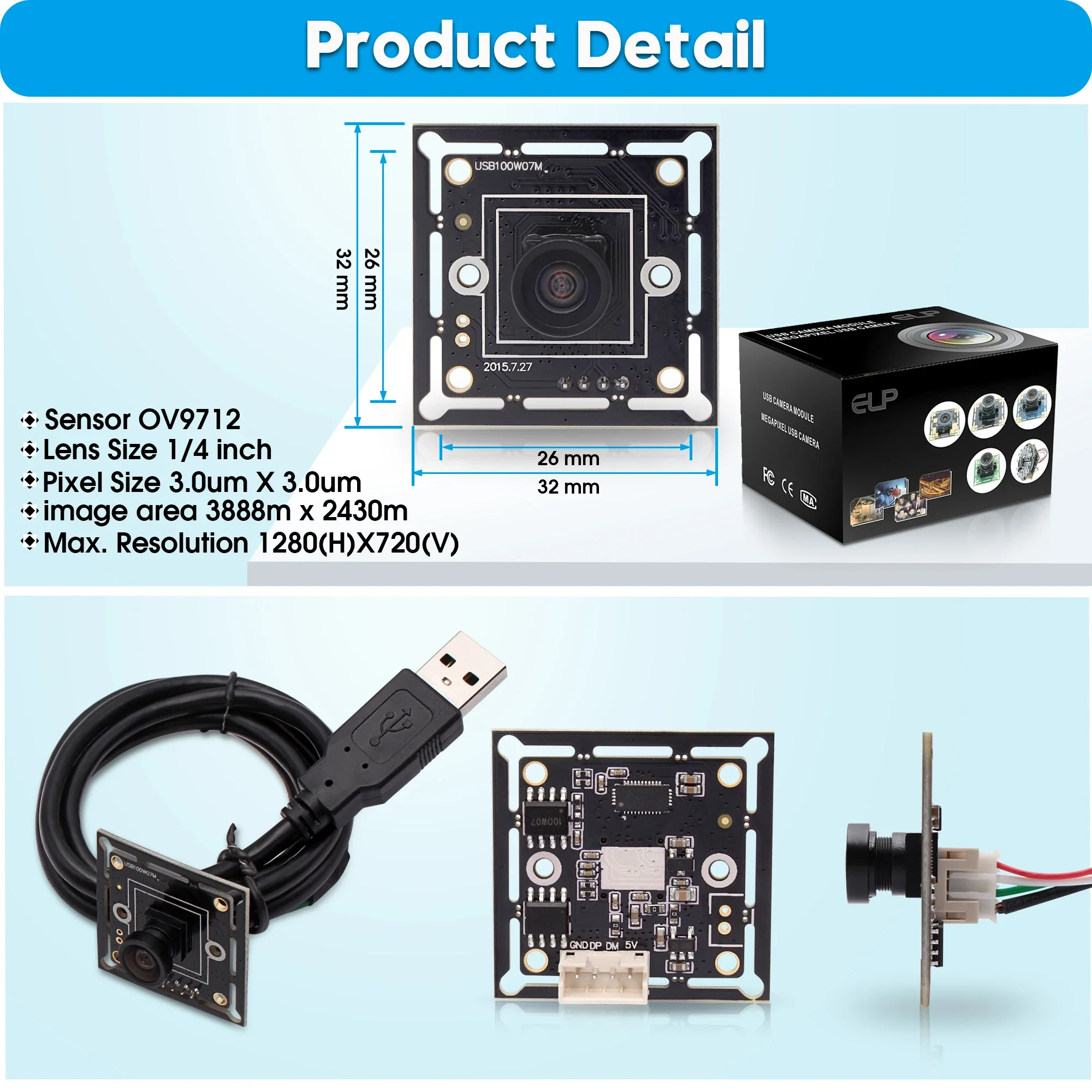 ELP Mini Security USB Camera Module 1MP 720P CMOS OV9721 Sensor M7 Lens 32*32mm Fixed Focus mini Webcam for PC Laptop windows