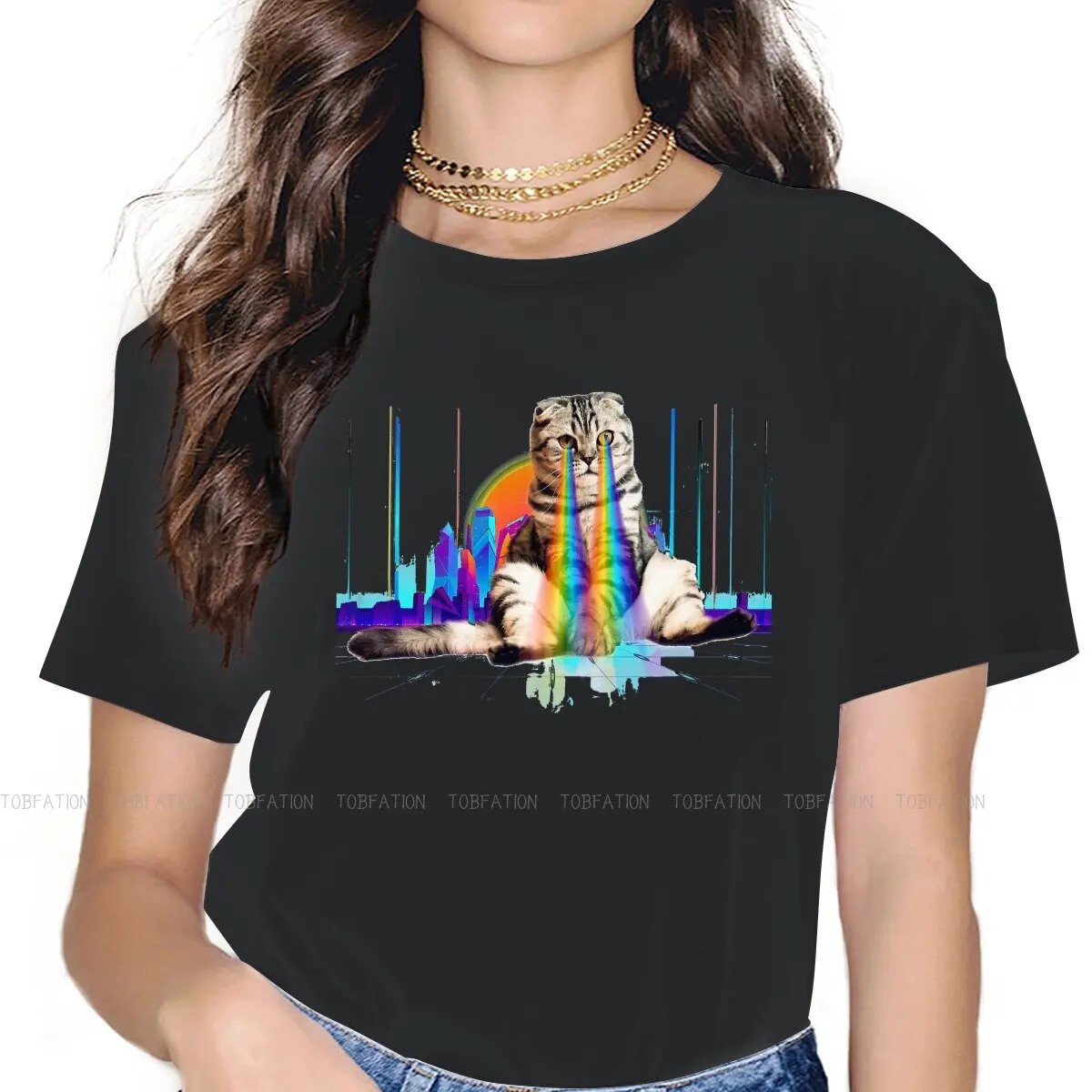 Catzilla TShirt for Woman Girl The Colours of the Rainbow Soft Casual T Shirt High Quality Trendy Fluffy