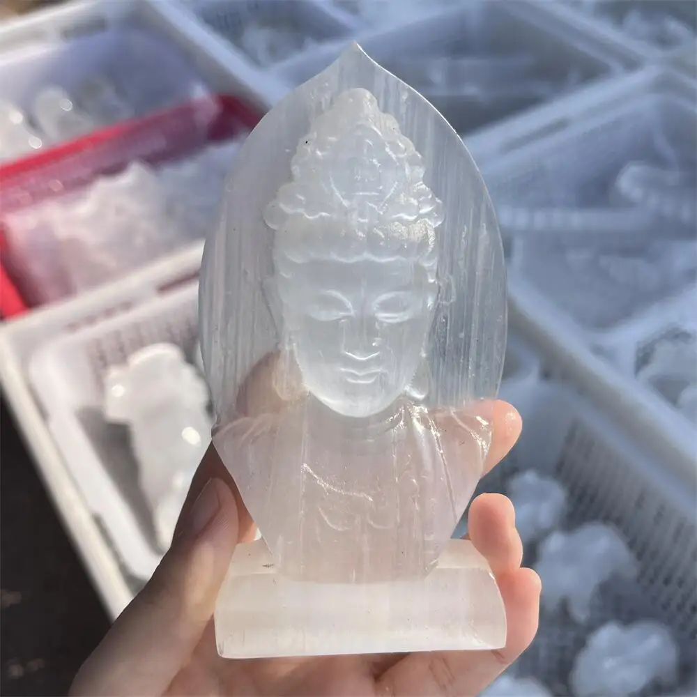 White Selenite Goddess Guanyin Statue Reiki Healing Stone Fengshui Decor Home Decorative Ideal Holiday Gift