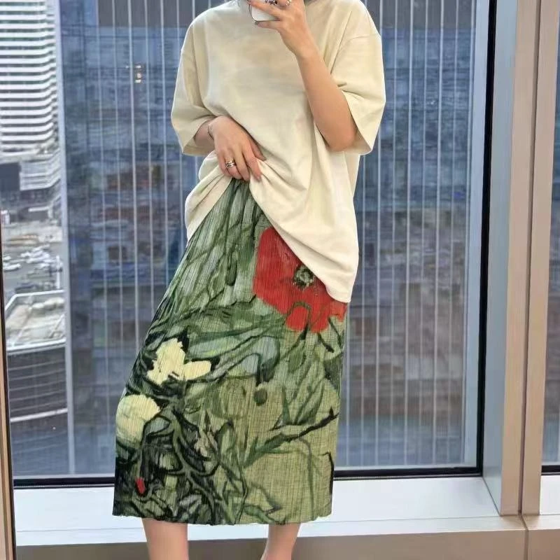 Miyake Pleated Printed Skirt Plisse 2026 Summer New Rich Print Casual Versatile Fashion Jupe Trendy Lazy Sweet Cool Style Skirt